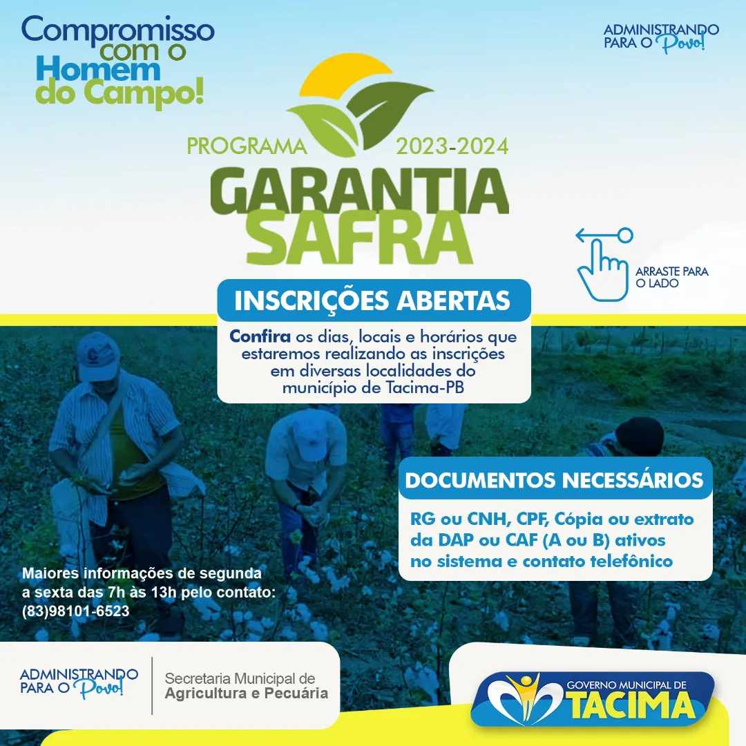 PREFEITURA DE TACIMA INICIA INSCRIÇÕES DO PROGRAMA GARANTIA SAFRA NA PRÓXIMA QUARTA-FEIRA, 13 DE DEZEMBRO. CONFIRA O CRO